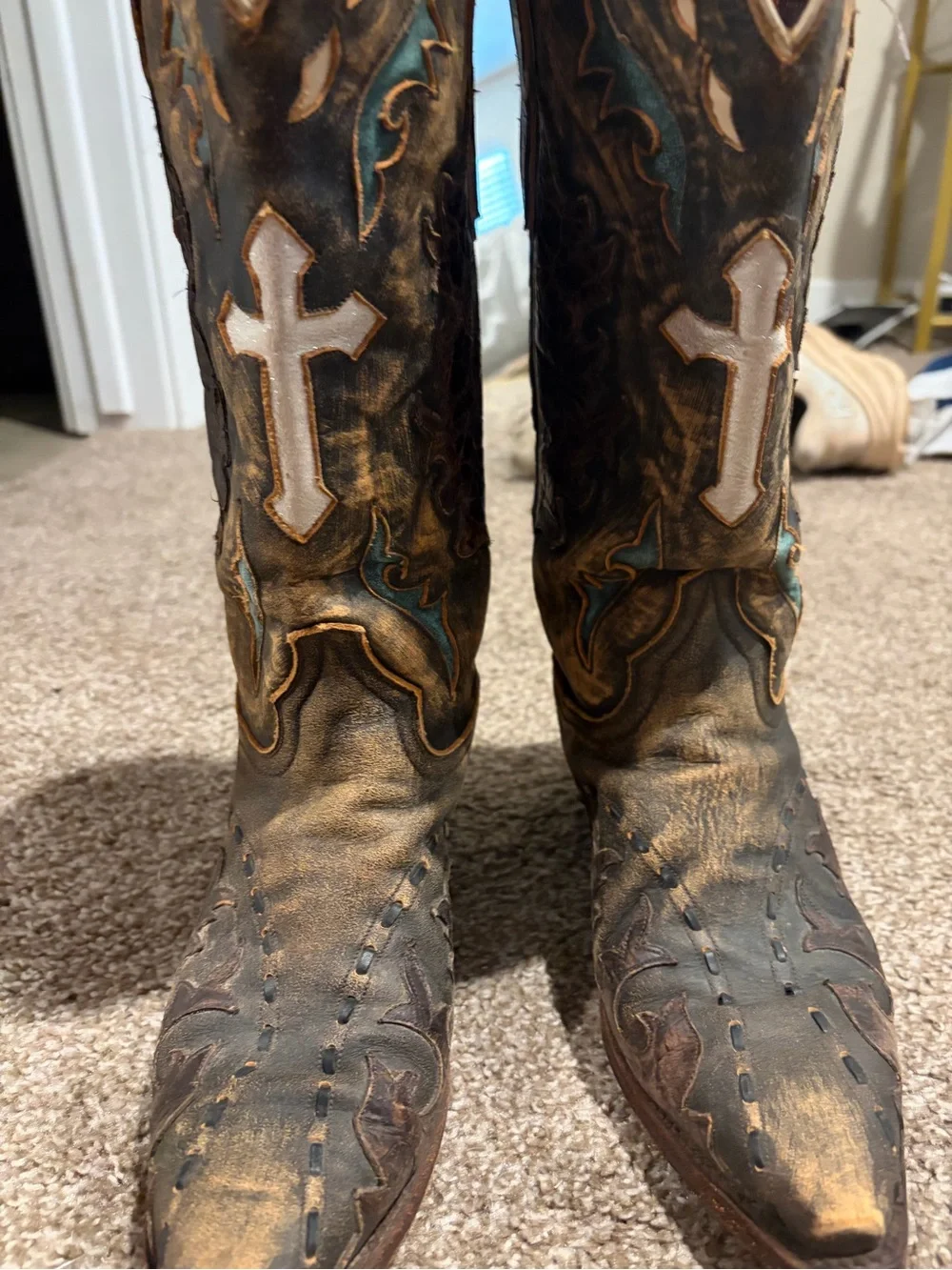 Dan Post Brown Western Boots with Teal and Cream Accents